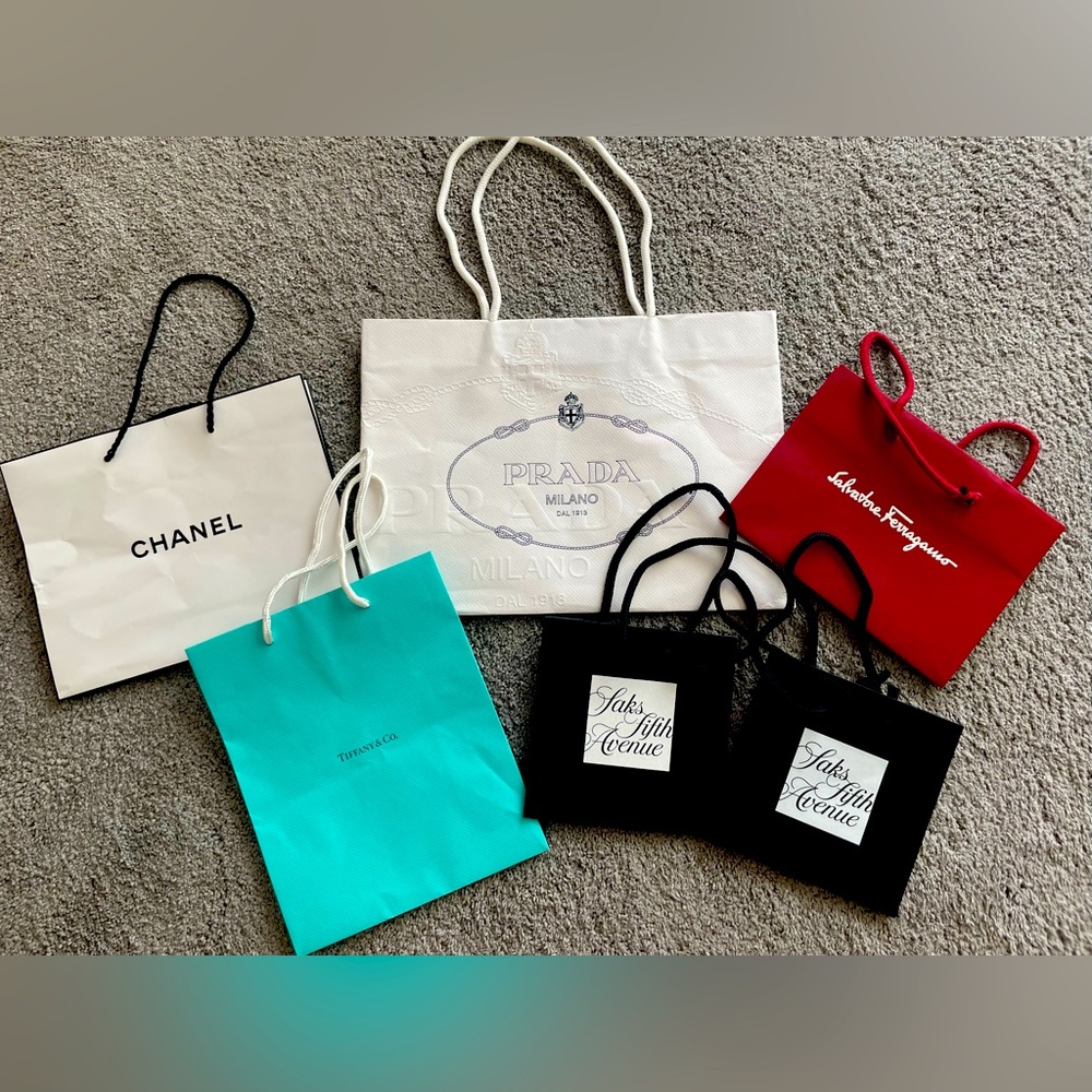 Chanel, Prada, Ferragamo, Tiffany, Saks shopping bags
